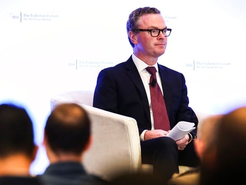 Australian Defense Minister Christopher Pyne waits to deliver his keynote address during the International Institute for Strategic Studies (IISS) Fullerton Forum in Singapore on Monday. (Yong Teck Lim/AP)