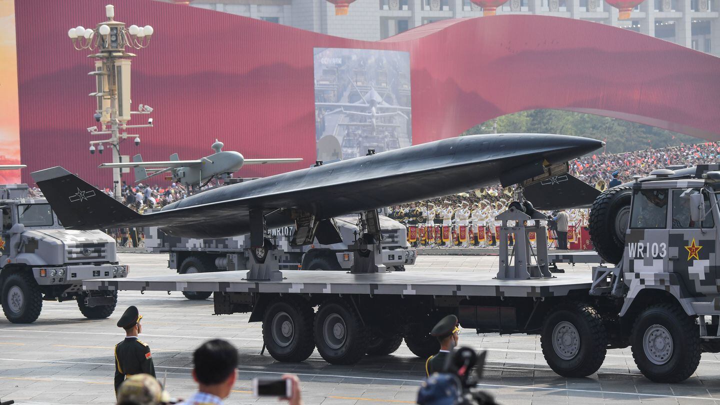 A military vehicle carries a WZ-8 supersonic reconnaissance drone during a parade in Beijing, China, on Oct. 1, 2019. (Greg Baker/AFP via Getty Images)