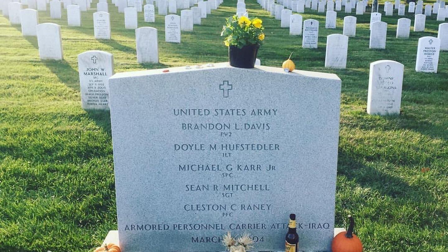 This undated photo shows the gravestone of 1st Lt. Doyle M. Hufstedler and the four soldiers who died with him in Iraq at Arlington National Cemetery. (Courtesy of the Hufstedler family)