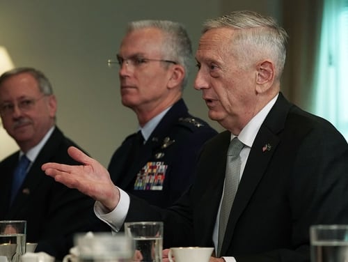 Secretary of Defense Jim Mattis, right, speaks during a March 22, 2018, bilateral meeting with Crown Prince Of Saudi Arabia Mohammad Bin Salman at the Pentagon. (Alex Wong/Getty Images)