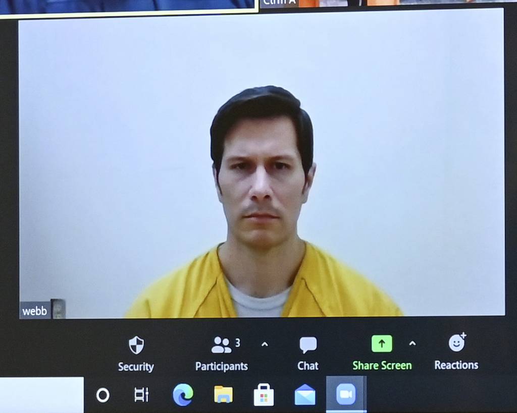 In this detail of a video conference screen, Duke Webb, accused of a December shooting that killed three and injured three, is arraigned at Winnebago County Justice Center on Feb. 19, 2021, in Rockford, Ill.