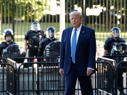 President Donald Trump walks in Lafayette Park to visit outside St. John's Church across from the White House Monday, June 1, 2020, in Washington. Part of the church was set on fire during protests on Sunday night. (Patrick Semansky/AP)