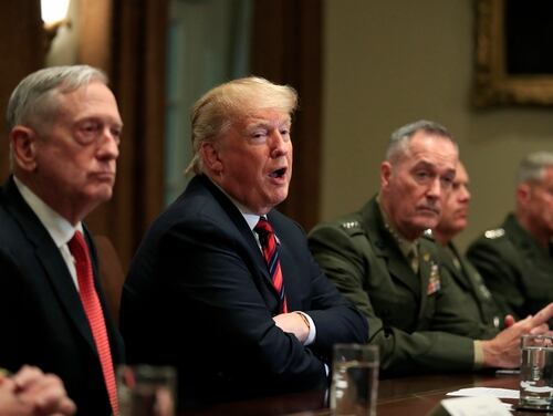 Defense Secretary Jim Mattis, left, President Donald Trump, Chairman of the Joint Chiefs of Staff Gen. Joseph Dunford and Marine Corps Commandant Gen. Robert Neller speak during a briefing with senior military leaders at the White House on Oct. 23, 2018. The president's reported call to pull troops out of Syria runs counter to the position of military leaders and Congress. (Manuel Balce Ceneta/AP)