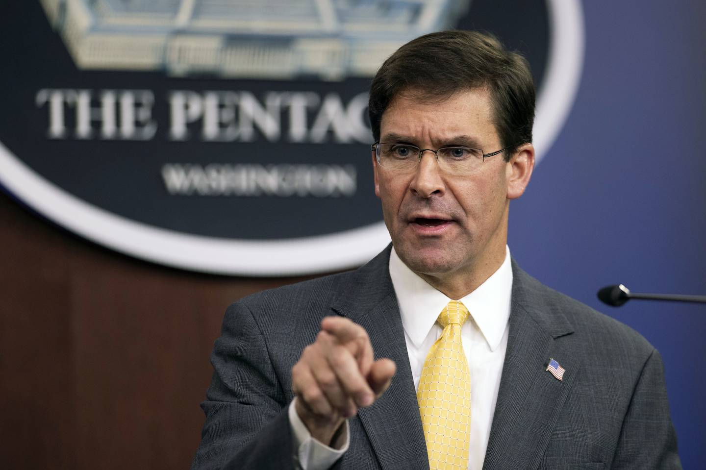 Secretary of Defense Mark Esper speaks to reporters during a briefing at the Pentagon, Wednesday, Aug. 28, 2019.