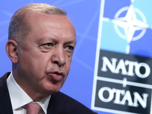 Turkey's President Recep Tayyip Erdogan speaks during a media conference at a NATO summit in Brussels, Monday, June 14, 2021. (Yves Herman/Pool via AP)