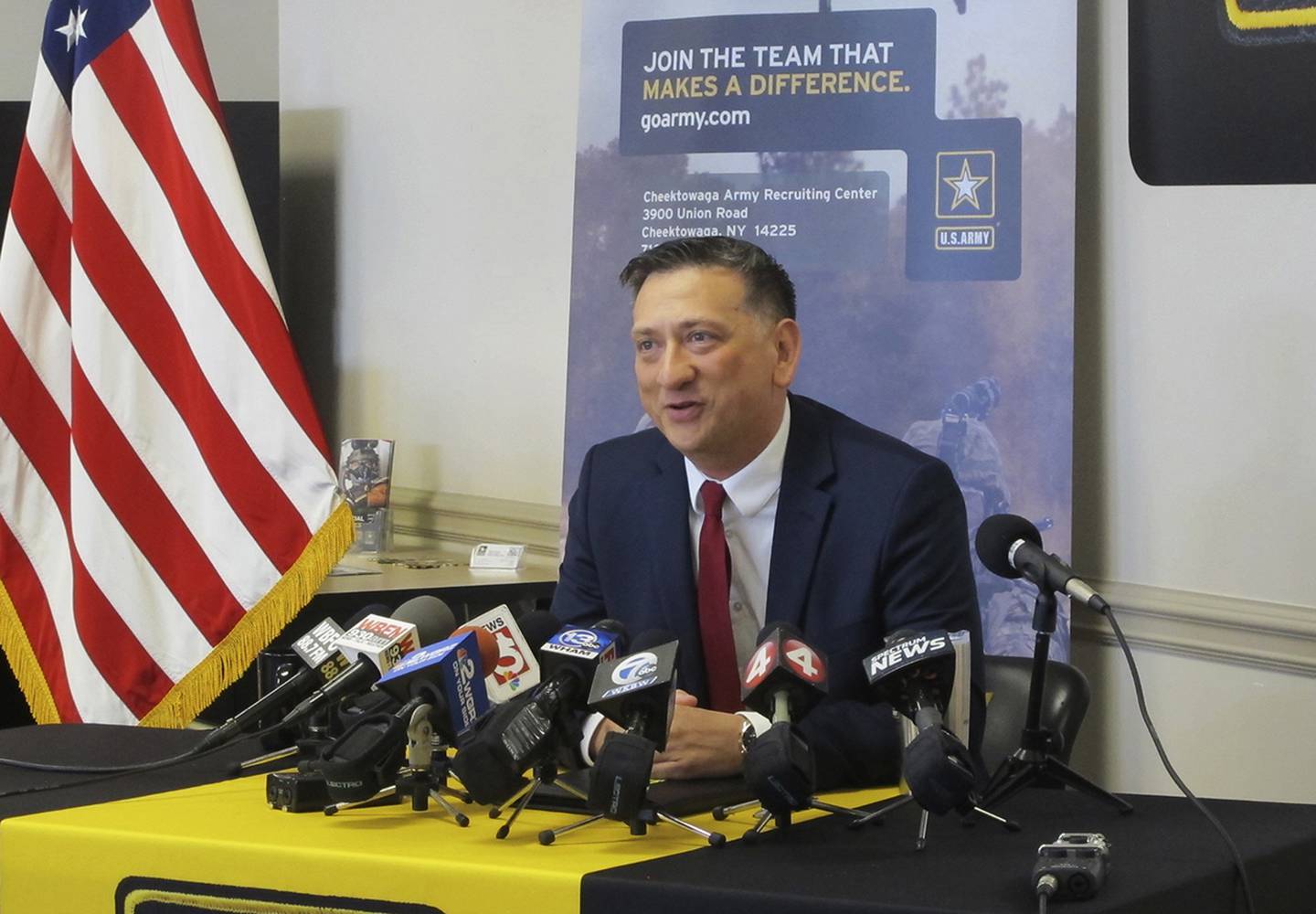Staff Sgt. David Bellavia, of Lyndonville, N.Y., speaks at a news conference at an Army recruiting station in Cheektowaga, N.Y., Tuesday, June 11, 2019.