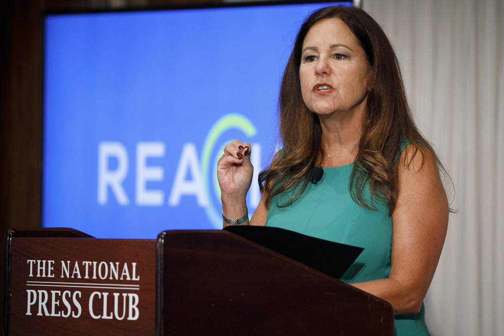 Second lady Karen Pence speaks at the National Press Club about a campaign to raise awareness on the risks of veterans suicide on July 7, 2020, in Washington.