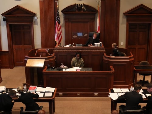 Army National Guard Judge Advocates General conducted a mock court-martial Aug. 7-8, 2018, at the Calhoun County Courthouse, Anniston, Ala. (Staff Sgt. Katherine Dowd/Army)