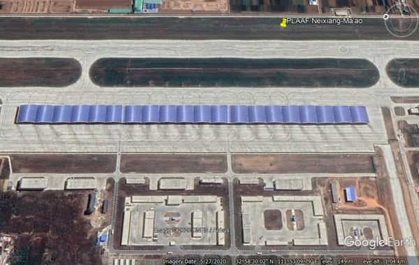 A satellite image dated May 2020 shows a lineup of aircraft shelters at China's Neixiang Ma’ao air base. Each shelter is about 45 meters (148 feet) wide. The shelters were completed sometime between mid-2018 and April 2019. (Google Earth)