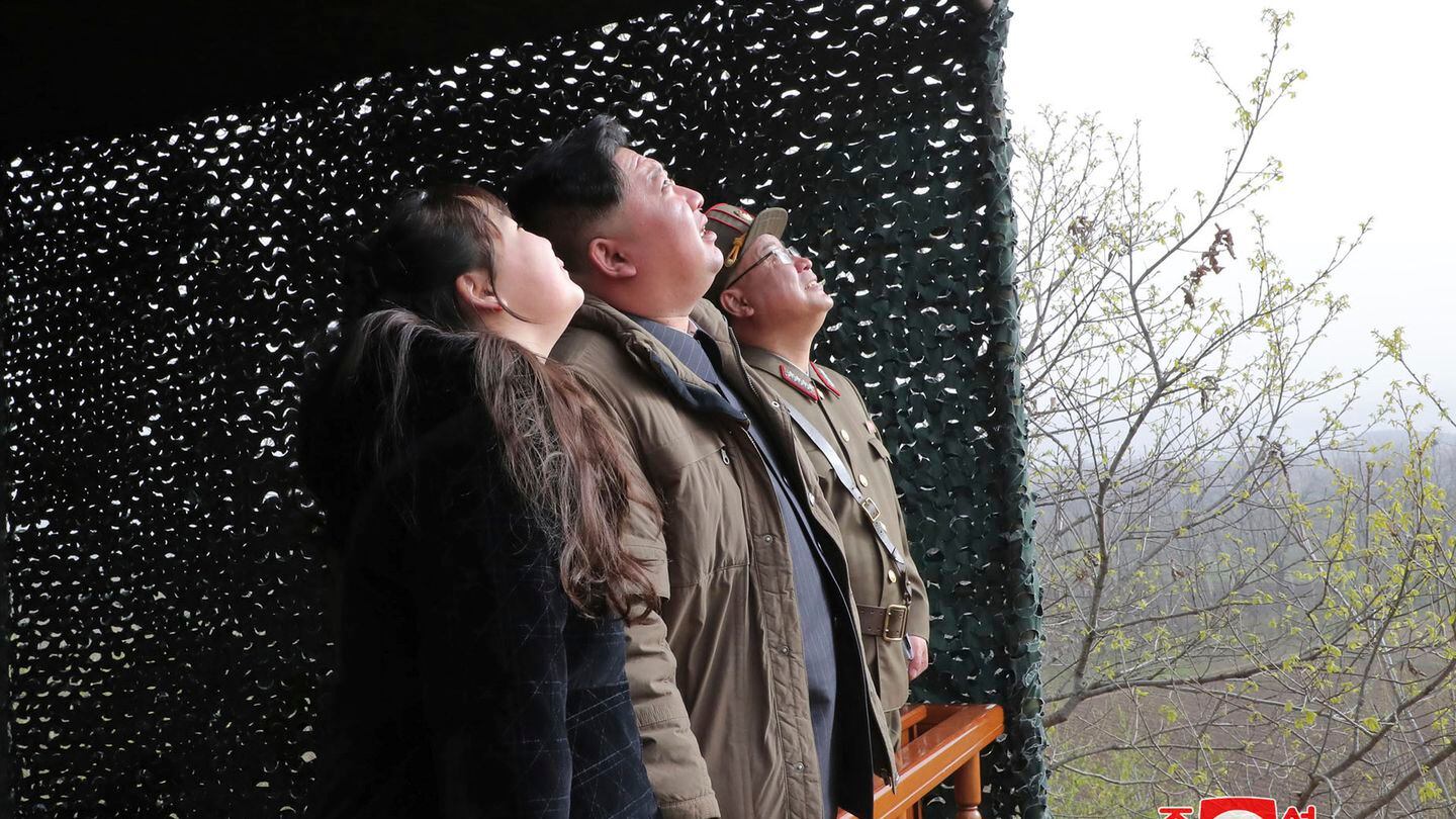 This photo provided April 14, 2023, by the North Korean government, shows North Korean leader Kim Jong Un, center, his daughter, inspect what it says is the test-launch of Hwasong-18 intercontinental ballistic missile Thursday, April 13, 2023 at an undisclosed location, North Korea. Independent journalists were not given access to cover the event depicted in this image distributed by the North Korean government. The content of this image is as provided and cannot be independently verified. Korean language watermark on image as provided by source reads: 