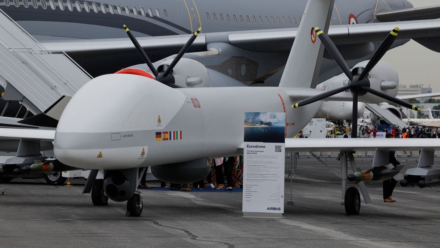 A Eurodrone — a European medium-altitude, long-endurance remotely piloted aircraft system — was on display during the 2023 Paris Air Show. (Geoffroy van der Hasselt/AFP via Getty Images)