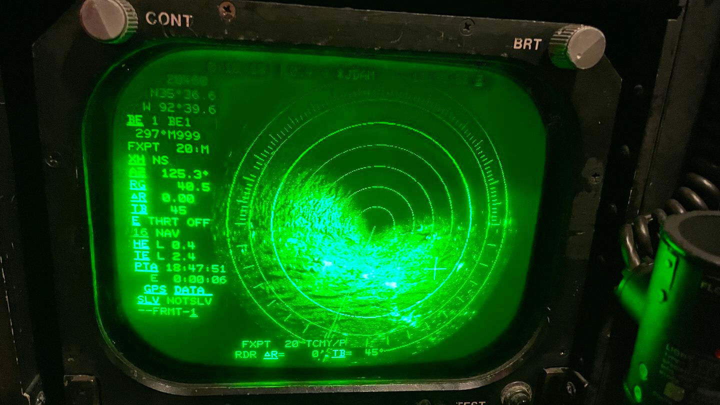 The radar screen at a B-52 weapon systems officer's station. (Stephen Losey/Staff)