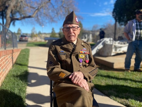 Retired Army Sgt. 1st Class Marvin Cornett received his Purple Heart and Bronze Star Feb. 22 at American Legion Post 84 in Auburn, California, 77 years after the actions that warranted the awards. (Sgt. Justin Stafford/Army)