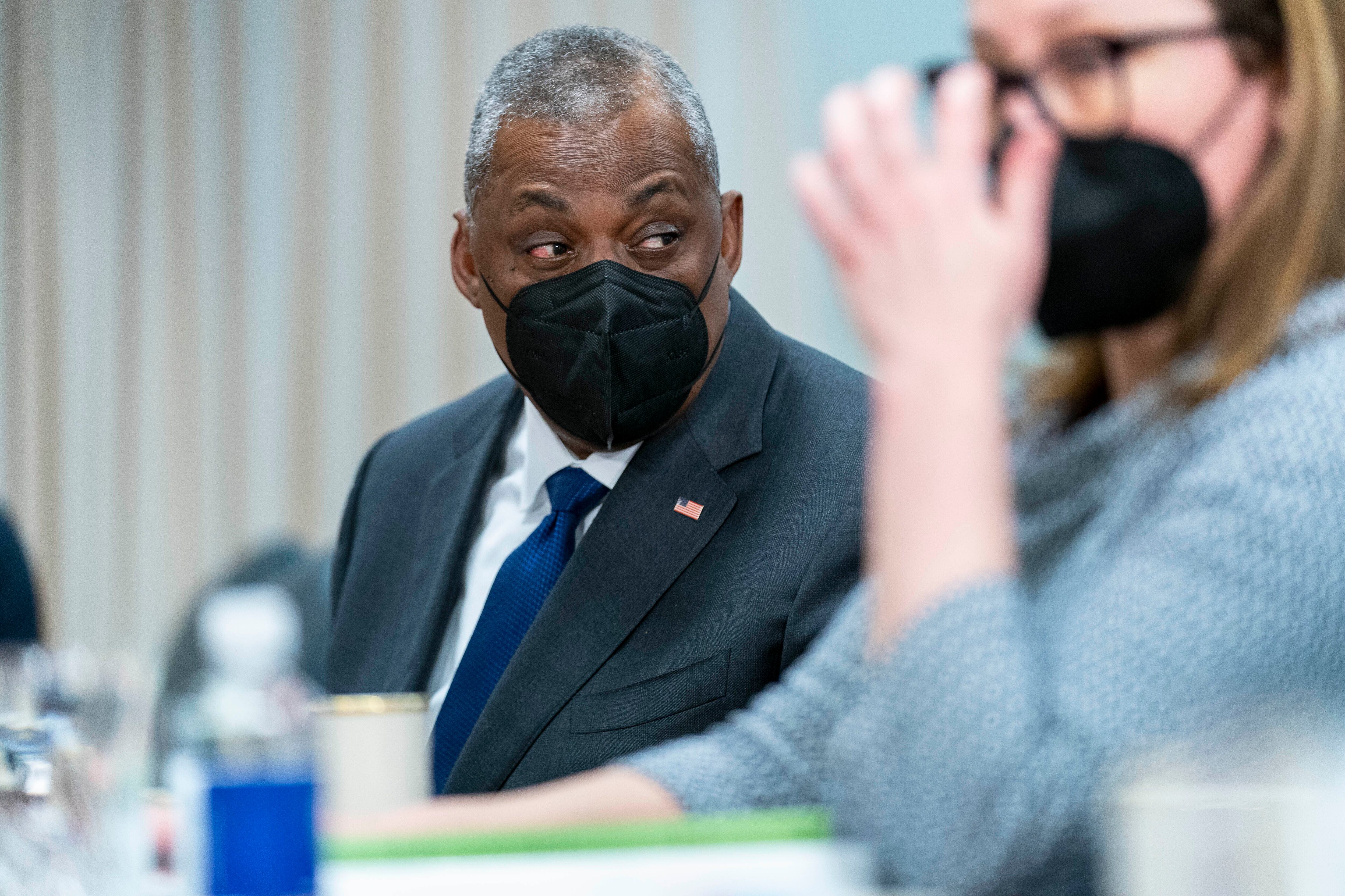 Secretary of Defense Lloyd Austin appears during a meeting with Singapore's Prime Minister Lee Hsien Loong at the Pentagon, Monday, March 28, 2022, in Washington. (Andrew Harnik/AP)