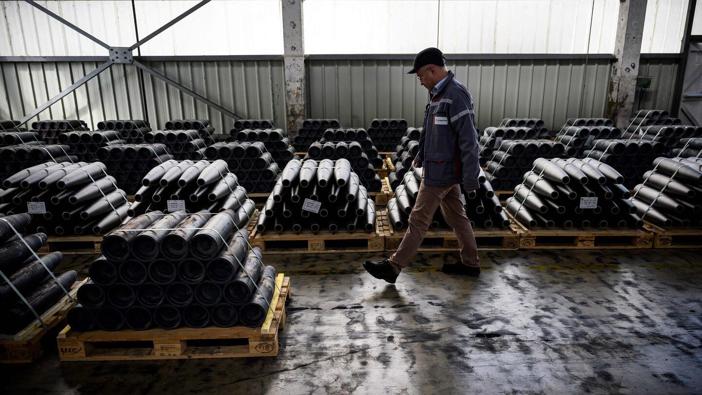 An employee walks at the workshop of the Forges de Tarbes, which produces 155mm shells, the munition for French Caesar artillery guns in use by the Ukrainian military. (Lionel Bonaventure/AFP via Getty Images)