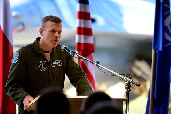 Air Force Gen. Tod D. Wolters, NATO Allied Air Command and U.S. Air Forces in Europe commander, expresses his thanks to the men and women of the Polish air force during the official Baltic Air Policing hand-over, take-over ceremony at Šiauliai Air Base, Lithuania, Aug. 30, 2017. The U.S. Air Force assumed control of Baltic Air Policing operations from the Polish air force to protect the sovereign skies above the Baltic region. (Tech. Sgt. Matthew Plew/Air Force)