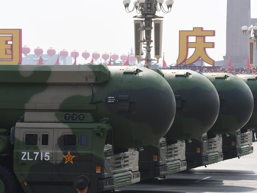 China's DF-41 nuclear-capable intercontinental ballistic missiles are seen during a military parade at Tiananmen Square in Beijing on Oct. 1, 2019. (Greg Baker/AFP via Getty Images)