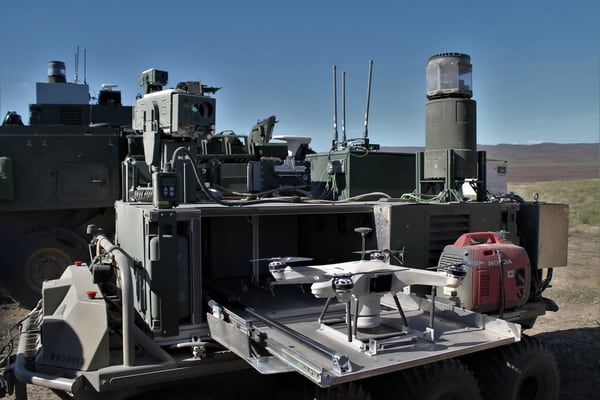 A CBRN reconnaissance vehicle and quadcopter used in the Army's combined arms breach exercise at Yakima Training Center on May 7. (Jen Judson/Staff)