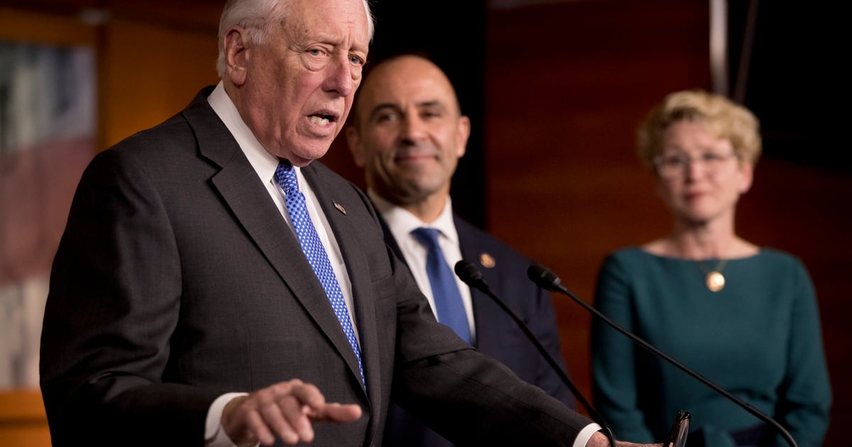 House Majority Leader Steny Hoyer of Md., left, accompanied by Rep. Jimmy Panetta, D-Calif., center, and Rep. Chrissy Houlahan, D-Pa., right, speaks at a news conference to introduce legislation supporting NATO on Capitol Hill in Washington, Tuesday, Jan. 22, 2019. (Andrew Harnik/AP)