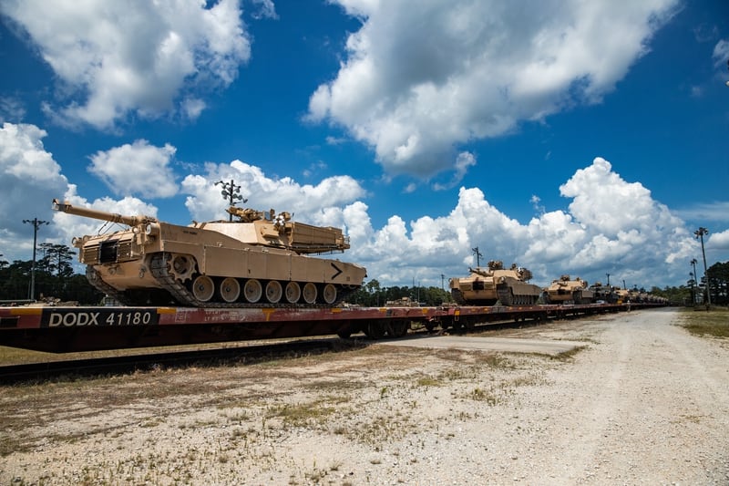 Marine Corps M1A1 Abrams tanks with 2nd Tank Battalion, 2nd Marine Division, are staged on railroad cars on Camp Lejeune, North Carolina, July 27, 2020. (Lance Cpl. Patrick King/Marine Corps)