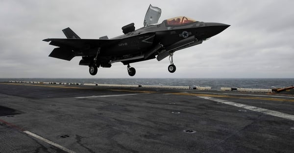 An F-35B lands on the flight deck of the amphibious assault ship USS Wasp (LHD 1) as part of a routine patrol in the Indo-Pacific region. (U.S. Navy photo by Mass Communication Specialist 3rd Class Michael Molina/Released)