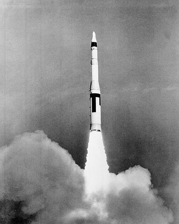 Flame and smoke trail from the Air Force's Minuteman Missile as it leaves launch pad at Cape Canaveral, Fla., Feb. 1, 1961. (AP Photo)