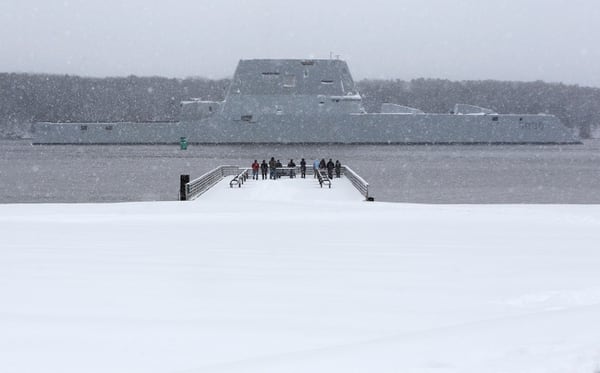 The U.S. Navy's guided-missile destroyer Zumwalt makes it way down the Kennebec River as it heads out to sea on March 21, 2016, in Bath, Maine. (Robert F. Bukaty/AP)
