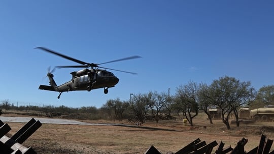 A National Guard UH60 Blackhawk takes off after refueling between aerial support missions in Sasabe, Arizona on Nov. 20, 2018, as part of Operation Guardian Support. (Sgt. Kyle Larsen/Army)