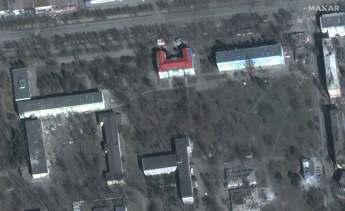 Satellite image shows damaged hospital buildings in Mariupol, Ukraine, March 29, 2022.