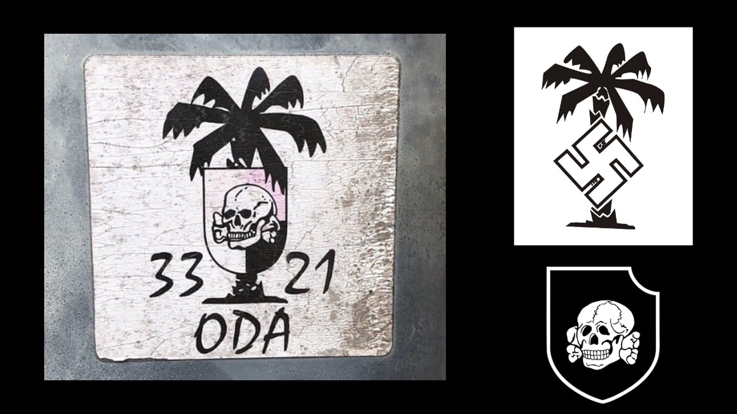 An unofficial logo of 3rd Special Forces Group's Operational Detachment-Alpha 3321 (left via Reddit), the seal of the Nazi German Afrikakorps (top right/Wikimedia Commons), and the coat of arms of the 3rd SS Panzer Division 