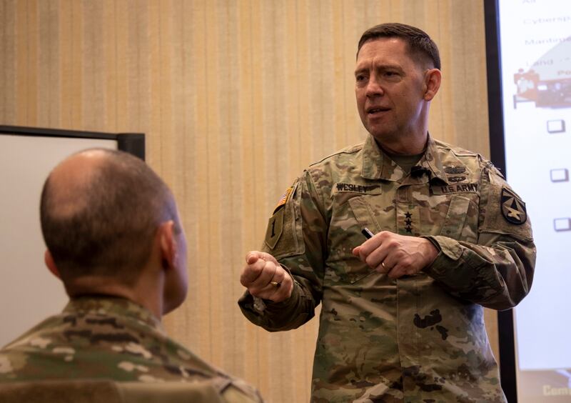Lt. Gen. Eric Wesley, director of the Army Futures Command’s Futures and Concepts Center, discusses the importance of preparing the force for future combat Feb. 7, 2019, at Fort Riley, Kansas. (Army)