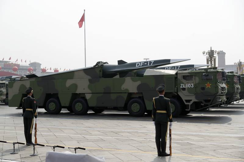 Vehicles carrying DF-17 ballistic missiles roll during a parade to commemorate the 70th anniversary of the founding of Communist China in Beijing, Oct. 1, 2019.