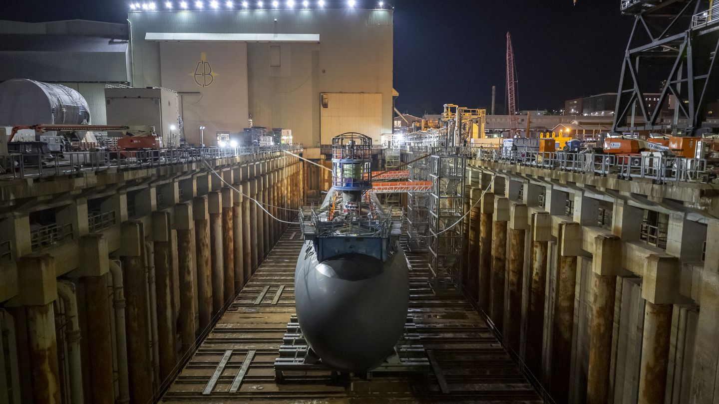 The Virginia-class submarine Iowa sits in a graving dock at the Electric Boat shipyard in Groton, Conn., in August 2023. (General Dynamics Electric Boat)