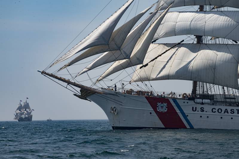Coast Guard Cutter Barque Eagle sails with the Mayflower II through Block Island Sound, July 30, 2020.