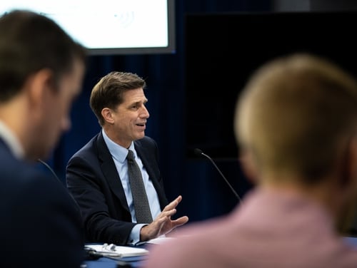 Dana Deasy, Department of Defense chief information officer, hosts a roundtable discussion on the enterprise cloud initiative with reporters, Aug. 9, 2019. (Air Force Staff Sgt. Andrew Carroll)