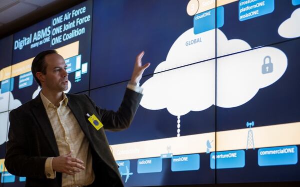 Preston Dunlap, the U.S. Air Force's chief architect, briefs Defense Department leaders on how the ABMS works during its first-ever live demonstration. (Tech. Sgt. Joshua J. Garcia/U.S. Air Force)