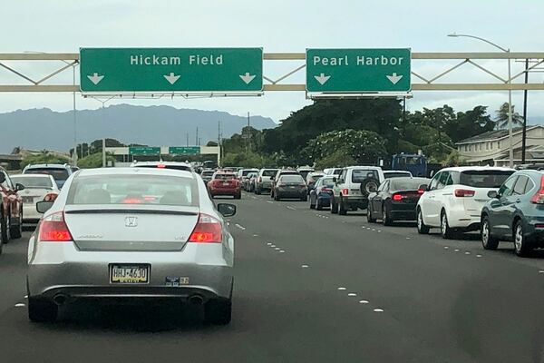 Traffic backs up at the main gates after a shooting at Pearl Harbor Naval shipyard, Wednesday, Dec. 4, 2019, near Pearl Harbor in Honolulu. (Caleb Jones/AP)