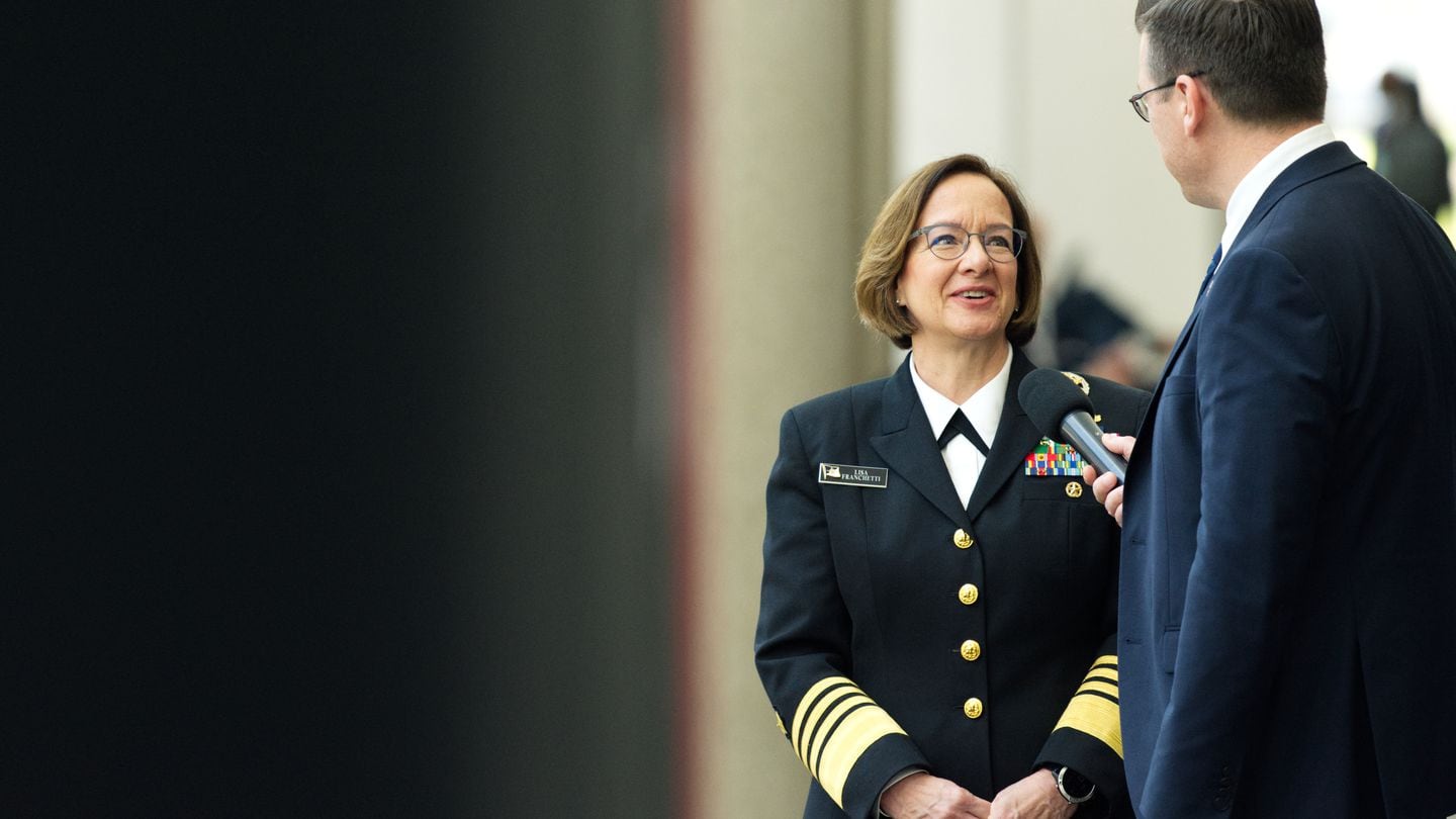 U.S. Chief of Naval Operations Adm. Lisa Franchetti speaks with an interviewer Feb. 13, 2024, on the sidelines of the West conference in San Diego. (Colin Demarest/C4ISRNET)