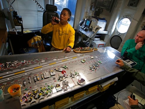 Crew members manage the flight deck of the U.S. Navy aircraft carrier Ronald Reagan in the South China Sea on Nov. 20. (Kin Cheung/AP)