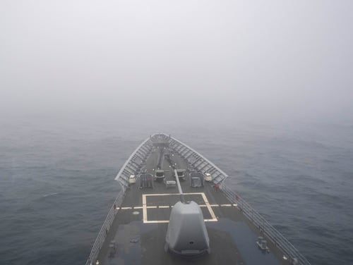 The guided-missile cruiser Normandy transited the foggy North Atlantic Ocean on Monday. The Ticonderoga-class warship is now operating inside the Arctic Circle. (Mass Communication Specialist 2nd Class Michael H. Lehman/Navy)
