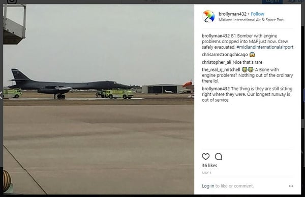 An Instagram post shortly after rescue crews responded to the emergency landing of a B-1 Lancer in Midland, Texas, May 1. Fire crews used foam retardant, suggesting that the crew reported an engine fire. The Air Force has not discussed the details of the landing, citing an ongoing investigation.