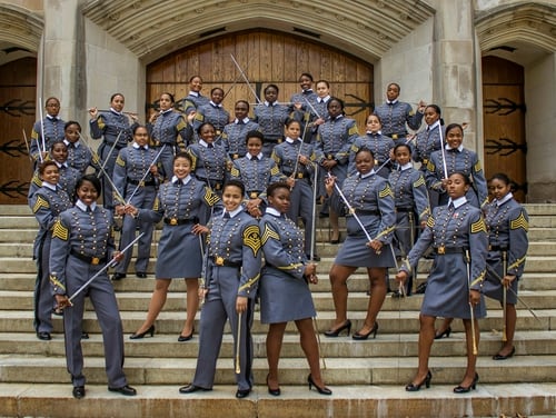 In this May 7, 2019, photo, black female cadets with the Class of 2019 pose at the U.S. Military Academy in West Point, N.Y. The 34 women comprise a small slice of the roughly 1,000 cadets in the class. The cadets say they're proud to be part of a milestone at the historic academy after four years of testing their limits. (Cadet Hallie H. Pound/U.S. Army via AP)
