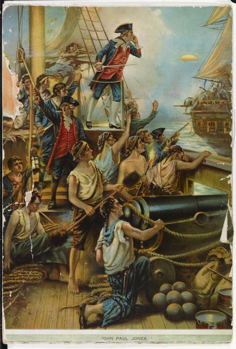 Capt. John Paul Jones hailing the British frigate Serapis during the action from the deck of the frigate Bon Homme Richard, 23 September 1779. (Lithograph by Hayes Lithographing Co., Buffalo, from a painting by Paul Moran, now in the collections of U.S. Naval History and Heritage Command)