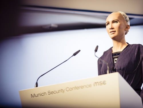 Robot Sophia kicks off a session at the Munich Security Conference on artificial intelligence and modern conflict.(MSC)