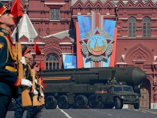 A Russian Topol-M intercontinental ballistic missile launcher drives at the Red Square in Moscow, on May 9, 2014, during a Victory Day parade. (Kirill Kudraytsev/AFP via Getty Images)