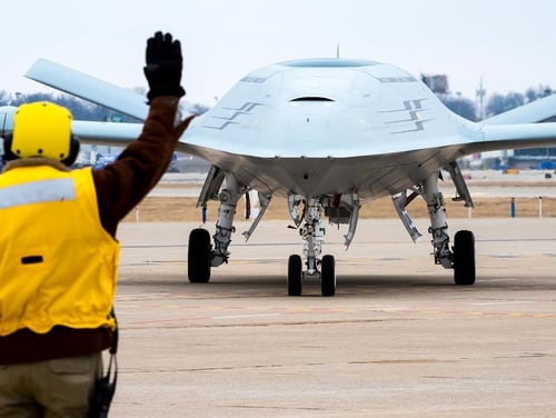 The Navy is looking to recruit future warrant officers to fly the MQ-25A Stingray, a carrier-based refueling drone expected to reach initial operating capability in 2024. (Boeing)
