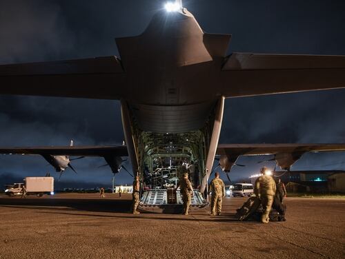 U.S. service members supporting Combined Joint Task Force-Horn of Africa (CJTF-HOA) arrive with supplies, personnel and equipment at Maputo International Airport, Mozambique, March 26, 2019, for the U.S. Department of Defense’s relief effort in the Republic of Mozambique and surrounding areas following Cyclone Idai. (Staff Sgt. Corban Lundborg/Air Force)