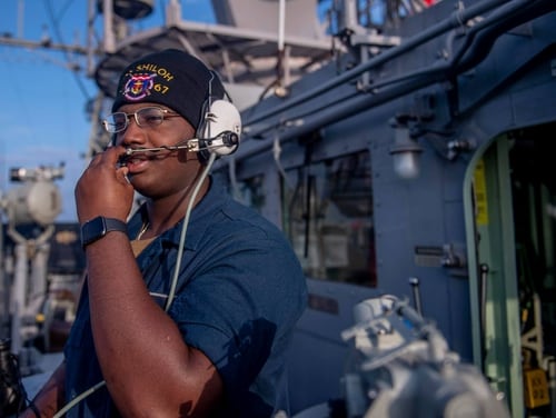 Seaman Marshall Key reports contact during a Thursday transit of the Taiwan Strait on board the Ticonderoga-class guided-missile cruiser Shiloh. (Mass Communication Specialist 3rd Class Chanel L. Turner/Navy)