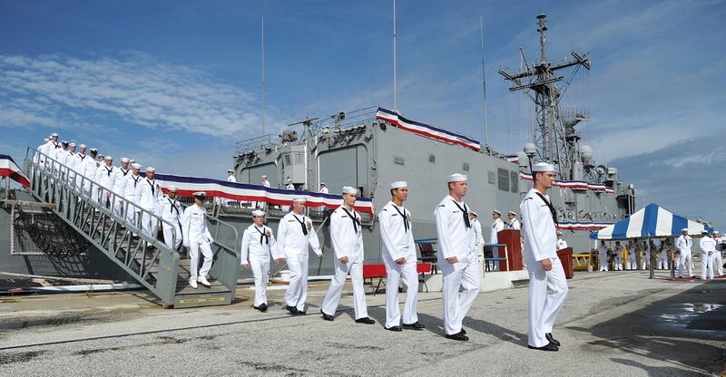 The last crew of the USS Simpson disembarked at Naval Station Mayport , Tuesday, Sept. 29, 2015, in Jacksonville, Fla. The USS Simpson, the last of the US Navy's Oliver Hazard Perry-class guided missile frigates, was is to be decommissioned. The ship has been is service since 1984. (Bruce Lipsky/The Florida Times-Union via AP) MANDATORY CREDIT