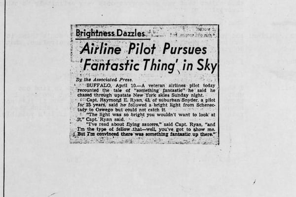 A newspaper clipping from Project Blue Book Project 10073, near Schenectady and Oswego, N.Y., on April 8, 1956. The incident involved an airline pilot's pursuit of a UFO. (DoD)